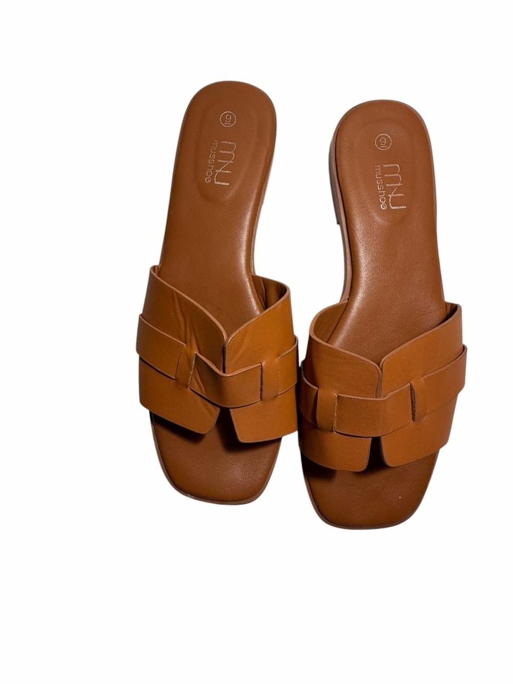 MNU Mushoe Square Toe Tan Woven Slide Sandals Sz 9
